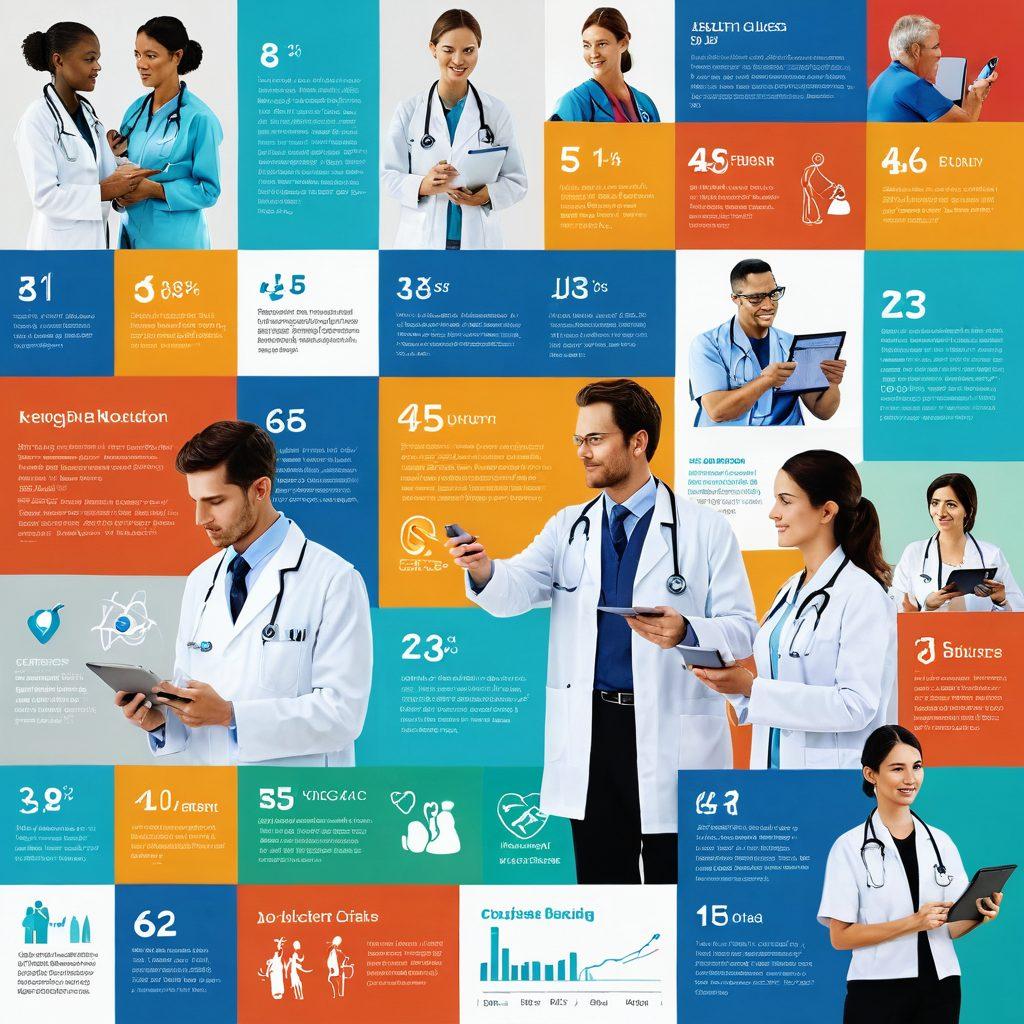 A dynamic collage showcasing the latest medical innovations: a doctor consulting a patient, a digital display of health statistics, and preventive healthcare strategies like exercise and nutrition. Add diverse people engaging with technology, with a backdrop of a modern clinic. Bright, engaging colors to evoke a sense of progress and hope. super-realistic. vibrant colors. white background.