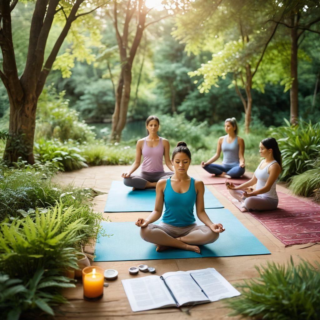 A serene scene depicting diverse individuals practicing wellness activities, such as yoga and meditation, surrounded by nature. Include symbols of healthcare, like a stethoscope and a medical book, subtly integrated into the environment. The overall composition should evoke a sense of harmony, health, and enlightenment. vibrant colors. soft focus. soothing aesthetics.