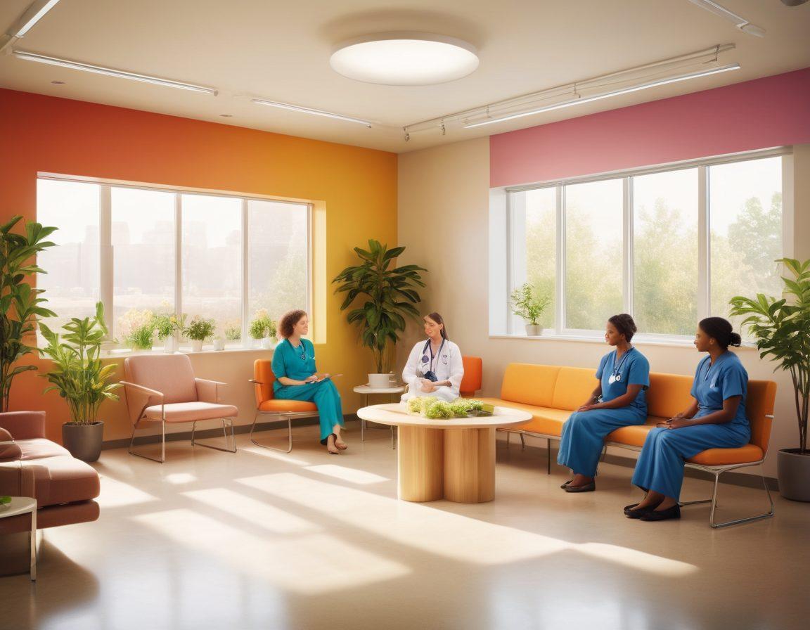 A serene, modern clinic interior showcasing a diverse group of healthcare professionals discussing wellness tips with patients. Include visual elements like colorful charts, healthy food options, and calming plants to radiate a warm, inviting atmosphere. The scene should evoke a feeling of empowerment and holistic health management, blending wisdom and compassion. super-realistic. bright colors. soft focus.